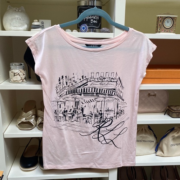 Lauren Ralph Lauren Tops - Lauren Ralph Lauren Light Pink Graphic Tee - Paris Coffee Scene. XS. LIKE NEW!